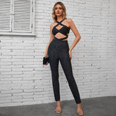 V Neck Sleeveless Shiny Bandage Jumpsuit